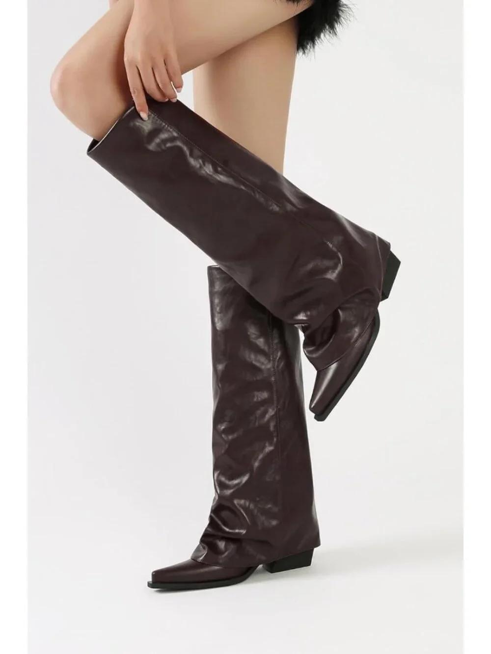 Women's Brown Chunky Heel Pointed Toe Fold Over Wide Calf Knee High Boots